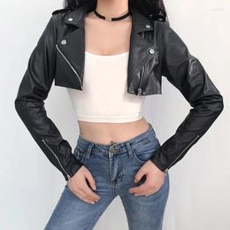 Jaqueta curta de couro feminina, jaqueta curta de motocicleta pu com zíper preto, casacos falsos outono streetwear manga longa roupa externa feminina