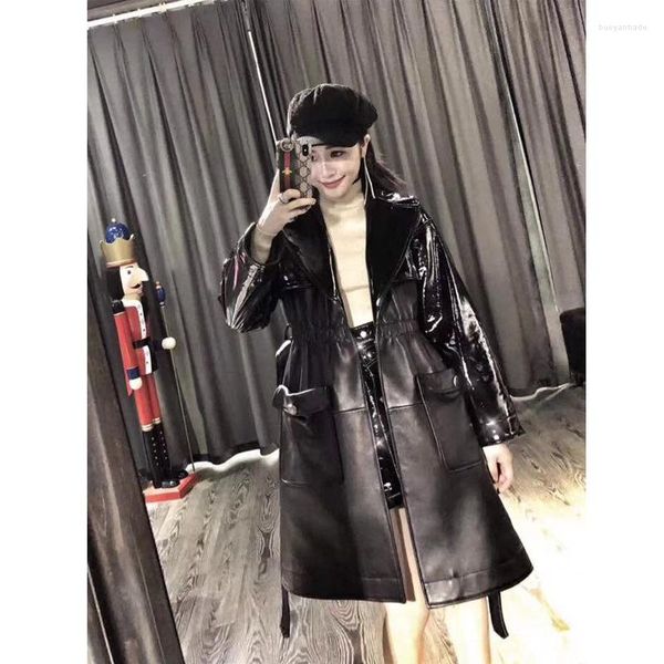 Femmes cuir mode automne hiver en peau de mouton veste couture brevet Long Trench manteau noir véritable ceinture coupe-vent