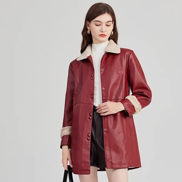 Manteau coupe-vent en cuir PU pour femme, vêtement d'extérieur épais et chaud, col à revers en fourrure, simple boutonnage, peluche, rouge vin