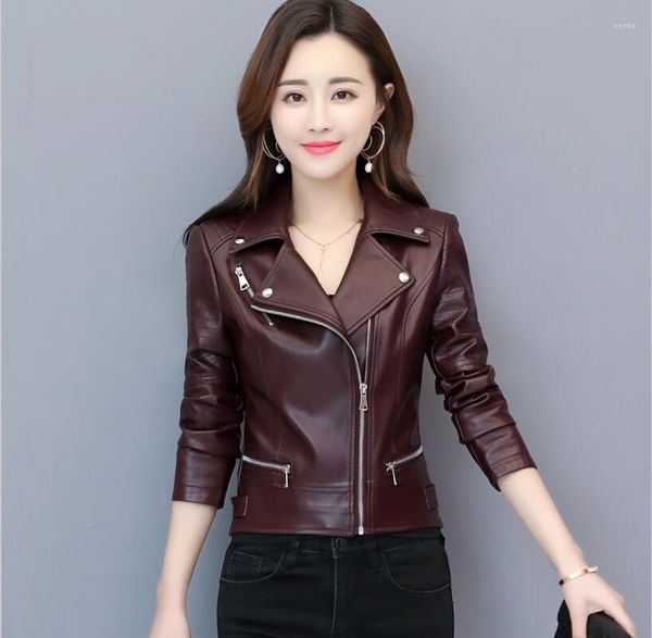 Femmes cuir mode moto veste femmes manteau 2023 vêtements vêtements d'extérieur court mince dames vestes vin rouge