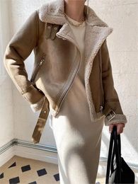Veste de moto courte en cuir et laine d'agneau pour femme, vêtement d'extérieur épais et chaud en fausse fourrure, vêtements de rue féminins, hiver 2023