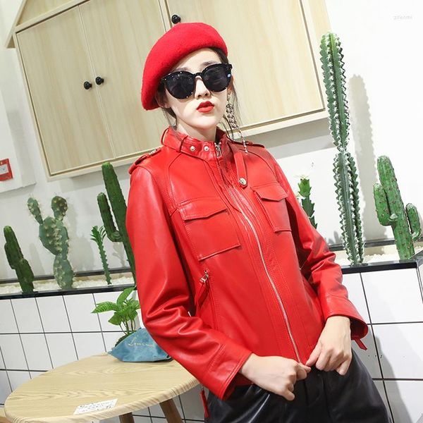 Chaqueta Real de cuero a la moda para primavera y otoño para mujer, chaquetas rojas ajustadas para motocicleta, ropa coreana informal para mujer 2023 WPY2934