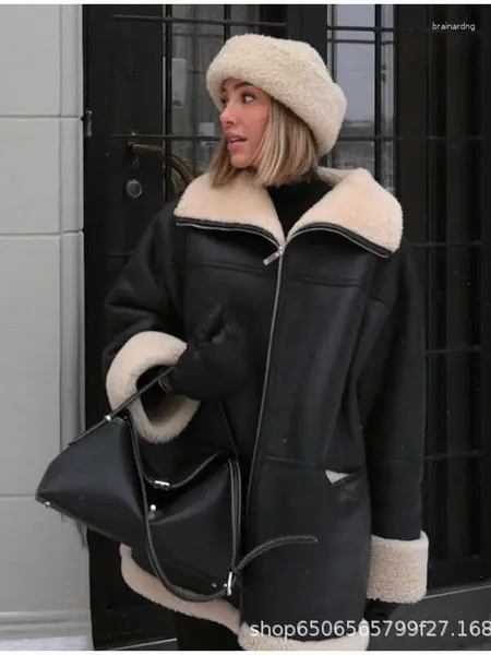 Manteau en cuir épais et fourrure pour femme, veste d'hiver à manches longues en velours, à revers, de rue, moteur noir, veste de vélo, 2023