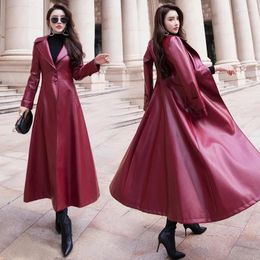 Gabardina de cuero a la moda para mujer, abrigo de piel de cordero auténtica, Chaqueta larga, superlongitud, 2024