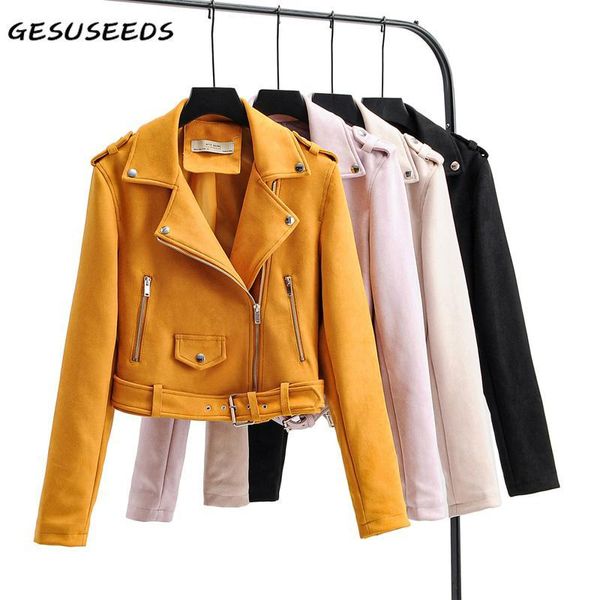 Femmes cuir Faux 2021 veste femmes coréen manteaux noir manteau col rabattu daim fermeture éclair ceinturé jaune violet