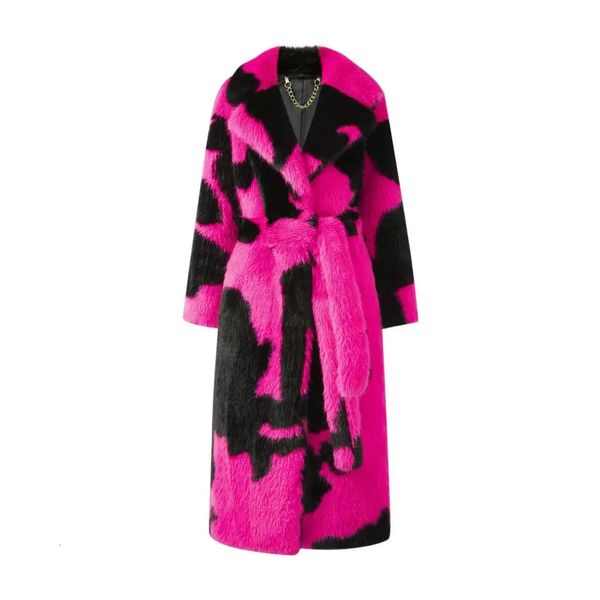 Manteau d'hiver en Faux cuir pour femmes, motif de vache, Design contrasté, fourrure artificielle, vison, enveloppe de taille, 2023, 231205