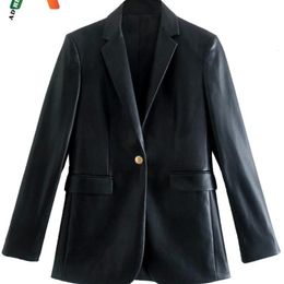 Chaqueta de piel sintética para mujer, chaqueta de piel sintética con un solo botón, chaquetas de manga larga Vintage con bolsillos, abrigo de traje negro para mujer 221111