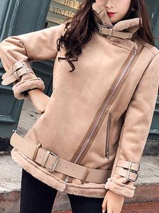 Damesleer Faux Ailegogo Autumn Winter Winter Vrouwen Suede korte jas met riem Streetwear Moto Biker vrouw