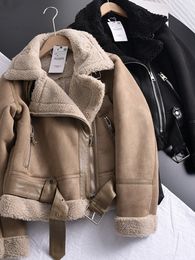 Damesleer Faux Ailegogo Winter vrouwen Dikke Warm suede lamsvlees Korte motorfiets Bruine jassen Shearling Sheepskin Jackets Out meter 221207