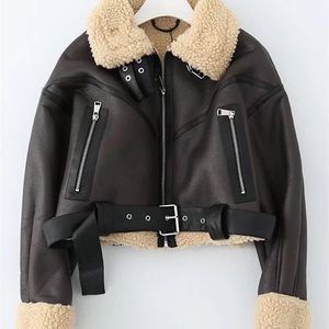 Damesleer Faux Ailegogo Winter Vrouwen Streetwear Lamb Fur Short Jacket met riem Moto Biker Dikke Warm schapenvacht Vacht Out meter 221111