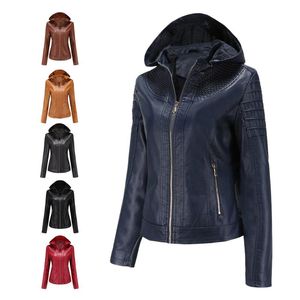 Veste à capuche amovible en similicuir pour femme automne hiver britannique Glen mode peluche chaud Six couleurs manteau en cuir synthétique polyuréthane haut femme