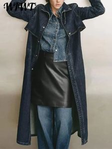 Dames Leer Faux Casual Riem Denim Lange Trenchcoat Dames 2023 Herfst Volledige mouw Opstaande Kraag Zakken Winterjassen Elegant Los Streetwear 231102