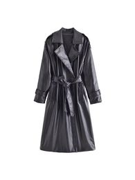 Trench-Coat en Faux cuir pour femmes, décontracté, mode Chic, ceinture, Vintage, revers, manches longues, Slim Fit, veste de couleur unie, 221207