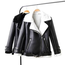 Dames Lederen Faux FMFSOM Herfst Winter Lamb Jas Warm Winddicht Turn Down Collar Sheepskin Coat Dames PU Motorcyle Biker Bovenkleding