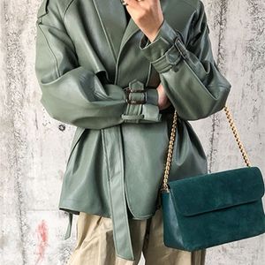 Faux cuir FTLZZ printemps automne femmes PU décontracté Streetwear vêtements d'extérieur veste de moto avec ceinture vert Biker manteau 220929