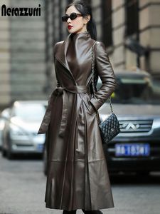 Femmes en cuir fausse fourrure Nerazzurri automne long marron noir doux Trench manteau pour femmes ceinture jupe élégant luxe mode 5xl 6xl 7xl 230923