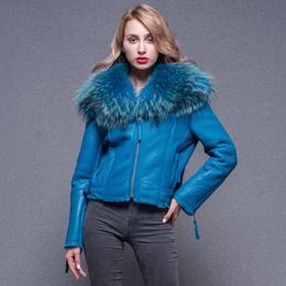 Vrouwen Lederen Faux Echte Jas Vrouwen Mode Echte Schapenvacht Met Grote Wasbeer Bontkraag Streetwear Herfst Winter Jas 231118