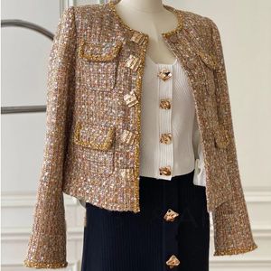 Veste courte à col rond en tweed simili cuir pour femme au printemps et à l'automne 2023 célébrité légère luxe tempérament mince 231023