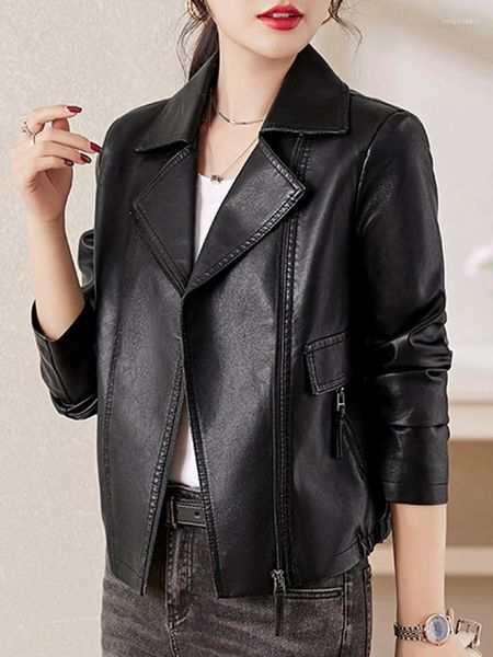 Veste en similicuir pour femme, manteau pour femme, mode automne-hiver 2023, col de costume, fermetures éclair, coupe-vent, vêtements de moto classiques solides