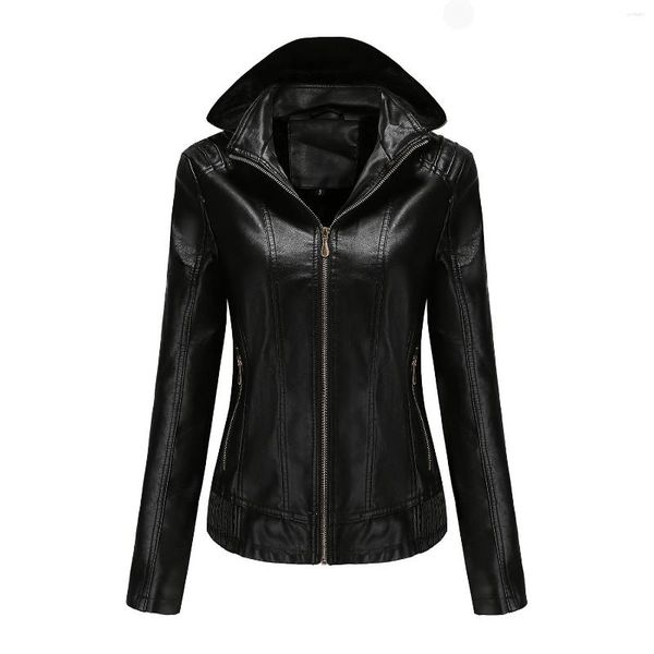 Chaqueta de falso de cuero para mujeres Velvet Velvet cálido femenino Invierno 2023 Biker de moto con capucha Zipper Negro rojo amarillo marrón