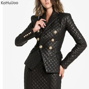 Dames lederen faux KoHuiJoo damesjas runway fashion gouden knop slanke blazer jas dames ontwerpen moto biker jassen zwart 230829