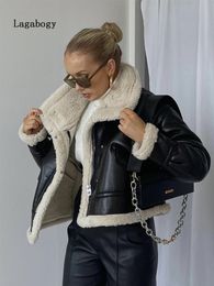 Damesleer Faux Lagabogy Winterjas Winterjack Women Shearling Sheepskin Coat Retro Motorcycle Parka Fleece Vrouwelijke korte losse sneeuw Outterwear 221117