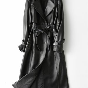 Gabardina de piel sintética Lautaro para mujer, gabardina larga negra de otoño para mujer, cinturón de manga, estilo británico elegante, moda 4xl 5xl 6xl 7xl 221111