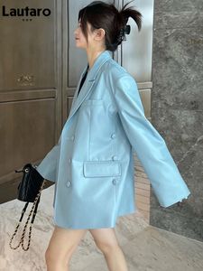 Dames leer faux Lautaro lente herfst blauw oversized zachte blazer dames met split aan de achterkant lange mouwen luxe designer bovenkleding 231201