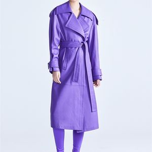 Damesleer Faux Lautaro Spring herfst Lange luxe elegante paars gekleurde trench jas voor dames randwijd ontwerper mode 221111