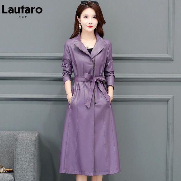 Femmes cuir Faux Lautaro printemps automne Long violet noir ArmyGreen imperméable doux manteau femmes ceintures fermeture éclair élégant luxe mode