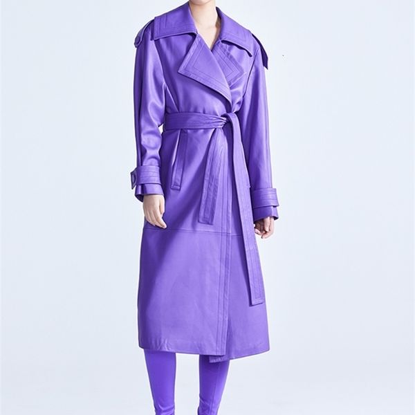 Femmes en cuir Faux Lautaro printemps automne long luxe élégant violet couleur Trench manteau pour femmes ceintures piste créateur de mode 221111