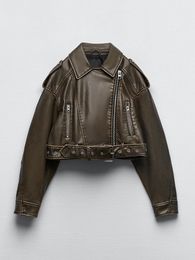 Damesleer Faux Leather Ailegogo Dames Vintage Loose PU Artificial Leather Short Sleeve Jacket met riem Dames Zipper Vintage Jacket 230329