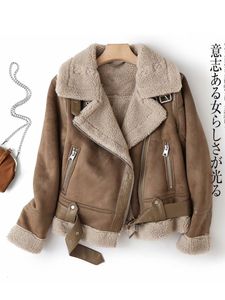 Cuero de mujer Cuero de imitación Ailegogo Mujeres Invierno Faux Shearling Piel de oveja Chaquetas de cuero falso Dama Grueso Gamuza cálida Corderos Motocicleta corta Abrigos marrones 230130