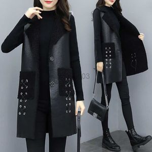 Femmes en cuir faux cuir automne hiver fourrure cuir gilet manteau longue laine d'agneau sans manches veste épais velours chaud gilet grande taille femmes fourrure gilet L-5XL HKD230808