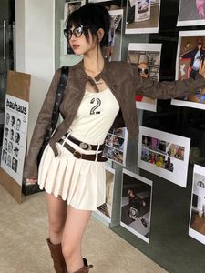 Vestes en cuir synthétique pour femme Deeptown Y2K années 90 vintage pour femme Punk Grunge Fermeture éclair Moto Biker Manteaux Harajuku Techwear Vêtements d'extérieur courts Hip Hop 231026