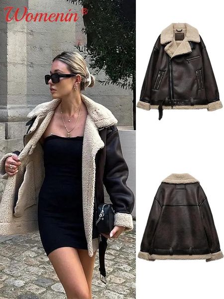 Cuir femme Faux cuir fausse fourrure d'agneau veste en cuir épais pour femmes chaud marron Streetwear veste femme femme fermeture éclair Moto Biker veste matelassée femme 231023