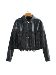 Cuero de imitación de cuero para mujer FTLZZ Otoño Borla Remache Chaqueta corta de cuero artificial Motocicleta suelta para mujer Abrigo de cuero de PU suave Pecho único 230329