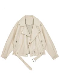 Damesleer Faux Leather Ftlzz Spring Vrouwen Pu Leather Motorfietsjack Vrouw met riem massief kleuren Jackets Lostys Loose Casual Jacket 230214