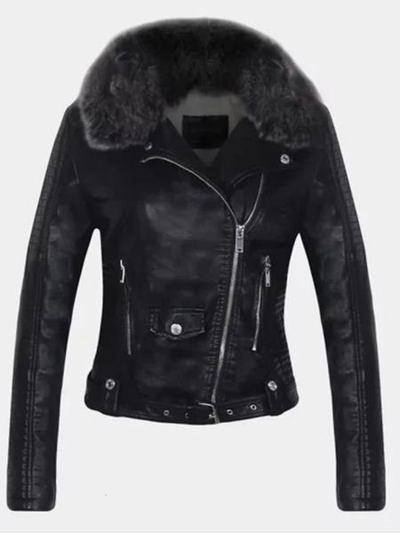 Women's Leather Faux Leather FTLZZ Chaqueta de piel sintética de invierno para mujer, abrigo cálido con cuello de piel grande para mujer, piel sintética suave de PU para motocicleta, abrigo blanco, negro y rosa 231129