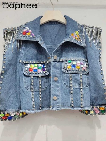 Chaqueta vaquera de cuero sintético para mujer, abrigo vaquero con cristales de colores y cuentas para la industria pesada