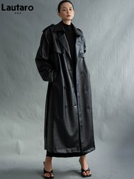 Trench-coat en similicuir pour femme Lautaro Automne Long surdimensionné Noir Trench-coat en similicuir pour femme Ceinture à manches longues Double boutonnage Mode lâche 230209