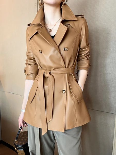 Trench-Coat en simili cuir mi-long en peau de mouton pour femme, tendance haut de gamme, Slim, Double boutonnage, ceinture, veste en cuir véritable 230927