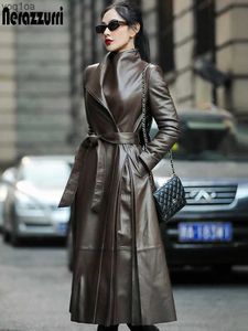 Damesleer Faux Leather Nerazzurri Autumn Long Bruine Black Soft Faux Leather Trench Coat For Women Bortred Elegant Luxury Fashion 5XL 6XL 7XL 2022L2403