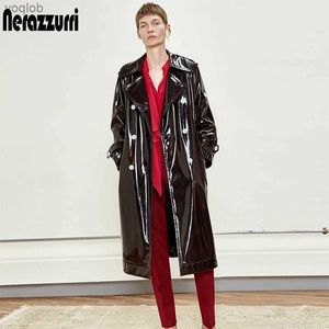 Damesleer Faux Leather Nerazzurri Long Waterdicht Zwart Patent Leather Trench Coat For Women 2020 Dubbele borsten iriserende oversized lederen jas 7xll2404