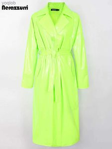 Cuir Faux Faux Nerazzurri Spring Automne Long surdimension Bright Green Rose Patent Trench Coat pour femmes Sashes Luxury Designer Clothesl2404