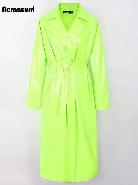 Cuero de mujer Cuero sintético Nerazzurri Primavera Otoño Largo de gran tamaño Verde brillante Rosa Charol Gabardina para mujer Fajas Ropa de diseñador de lujo 231121