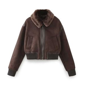 Cuir pour femme Faux cuir PB ZA 2023 Automne Nouveaux vêtements pour femmes Style européen et américain Double face Poils d'agneau Court Épaissi Veste polaire en peau de daim Coa J231227