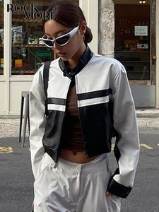 Vestes en cuir synthétique Rockmore pour femmes, Streetwear, noir et blanc, contraste, mode automne, manteau court pour femmes y2k, vêtements d'extérieur décontractés avec fermeture éclair 231013