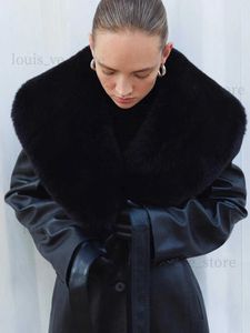 Damesleer Faux Leather RR2894 Streetwear X-Long faux bont kraagleren Trench Coats vrouwen omgord op taille slanke nep schapen huidleer Black T231215