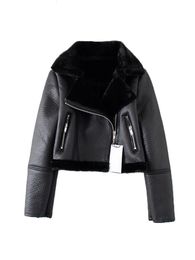 Women's Leather Faux cuir Streetwear femmes épais chaud Faux cuir fourrure veste courte automne hiver femme fermeture éclair Moto Biker manteau vêtements d'extérieur hauts 231129